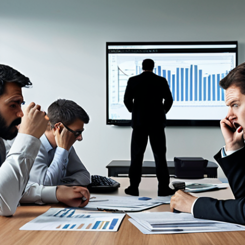 **Image:** A group of people in a modern office setting looking stressed and overwhelmed while staring at financial reports. The background subtly shows a silhouette of a "wolf in sheep's clothing" representing deceptive investors. The overall tone is tense and anxious.
