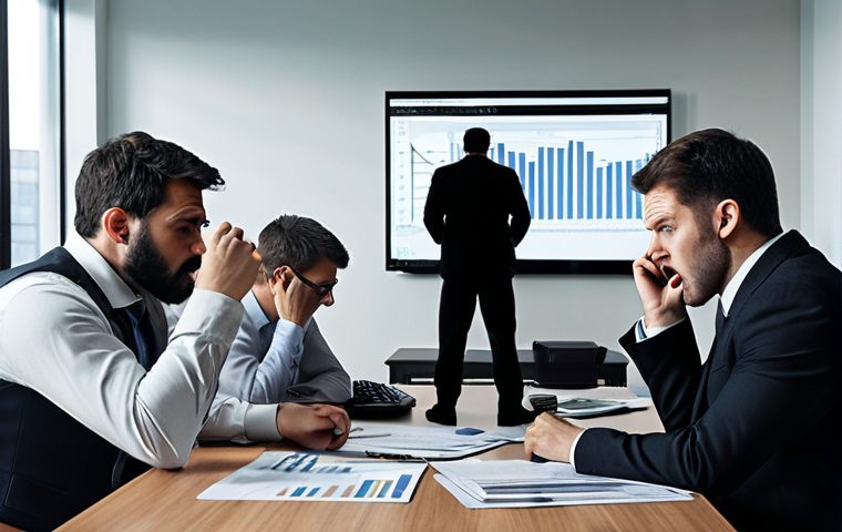 **Image:** A group of people in a modern office setting looking stressed and overwhelmed while staring at financial reports. The background subtly shows a silhouette of a "wolf in sheep's clothing" representing deceptive investors. The overall tone is tense and anxious.