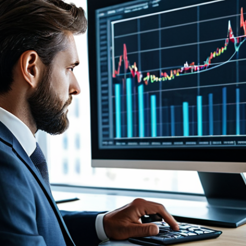 A professional angel investor, fully clothed in a modest business suit, thoughtfully observing a sleek, modern computer screen displaying abstract financial data visualizations in a contemporary, sunlit office. The image conveys concentration and strategic analysis. Perfect anatomy, correct proportions, natural pose, well-formed hands, proper finger count, natural body proportions, professional photography, high resolution, safe for work, appropriate content, professional.