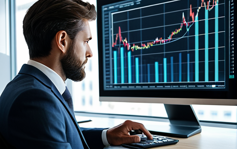 A professional angel investor, fully clothed in a modest business suit, thoughtfully observing a sleek, modern computer screen displaying abstract financial data visualizations in a contemporary, sunlit office. The image conveys concentration and strategic analysis. Perfect anatomy, correct proportions, natural pose, well-formed hands, proper finger count, natural body proportions, professional photography, high resolution, safe for work, appropriate content, professional.